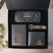 Load image into Gallery viewer, Personalised 4-in-1 Leather's Wallet, Eyewear Case, Passport Cover &amp; Keychain with Golden Foil Name Strip &amp; Charm For Boyfriend, Husband &amp; Father On Birthday and Anniversary
