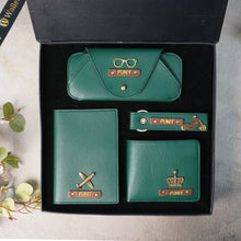Load image into Gallery viewer, Personalised 4-in-1 Leather's Wallet, Eyewear Case, Passport Cover &amp; Keychain with Golden Foil Name Strip &amp; Charm For Boyfriend, Husband &amp; Father On Birthday and Anniversary
