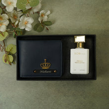 Load image into Gallery viewer, Personalised  2-in-1 Leather’s Wallet with Engraved Black Plate With Name and Charm and Perfume For Boyfriend, Husband &amp; Father On Birthday and Anniversary
