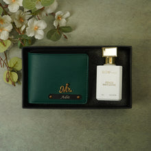 Load image into Gallery viewer, Personalised  2-in-1 Leather’s Wallet with Engraved Black Plate With Name and Charm and Perfume For Boyfriend, Husband &amp; Father On Birthday and Anniversary
