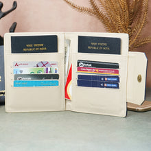 Load image into Gallery viewer, Personalized Family Passport Organizer for 3 Passports | Custom Name Travel Document Wallet with 8 Card Slots, Cash Pocket, Boarding Pass Holder &amp; Secure Closure
