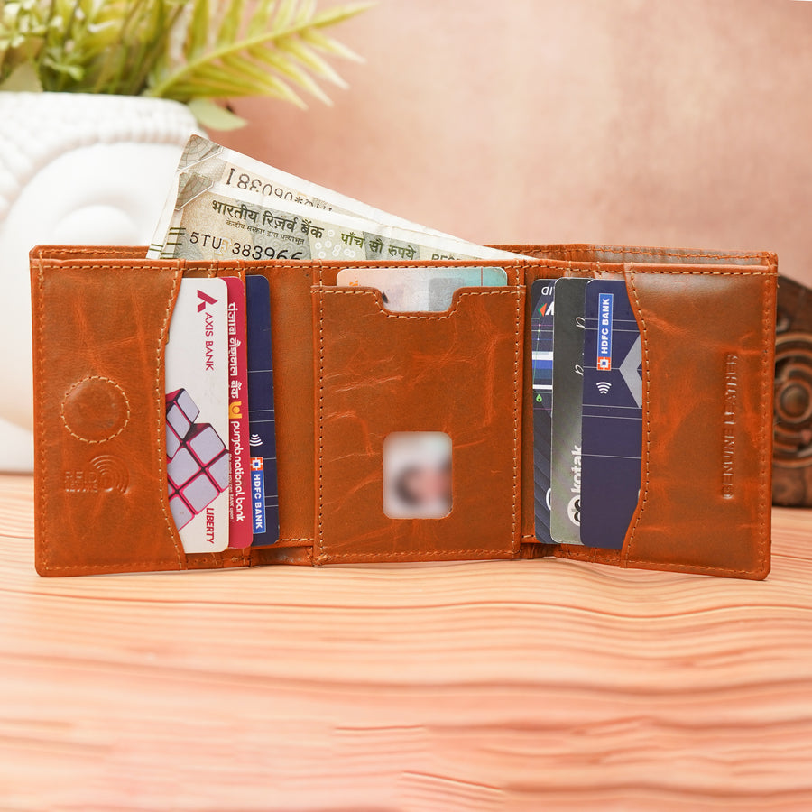 RAVELLO Premium Genuine Leather RFID Blocking Tri-Fold Men's Wallet – 7 Card Slots, 2 ID Windows, Magnetic Closure (STYLE ID #47)