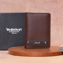 Load image into Gallery viewer, Personalised Bi-Fold Wallet for Men with Custom Name | Premium Vegan Leather Wallet with Card Slots, Cash Compartment &amp; Snap Closure
