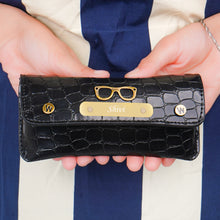 Load image into Gallery viewer, Personalized Croco Texture Eyeglass Case with Custom Name, Golden Plate &amp; Charm | Premium Spectacle &amp; Sunglasses Holder with Snap Closure
