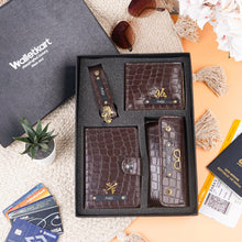 Load image into Gallery viewer, Personalized Croco Texture Gift Set for Men with Custom Name &amp; Charms | 4-in-1 Premium Wallet, Passport Holder, Eyeglass Case &amp; Keychain | Gift Set for Men
