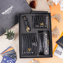 Load image into Gallery viewer, Personalized Croco Texture Gift Set for Men with Custom Name &amp; Charms | 4-in-1 Premium Wallet, Passport Holder, Eyeglass Case &amp; Keychain | Gift Set for Men
