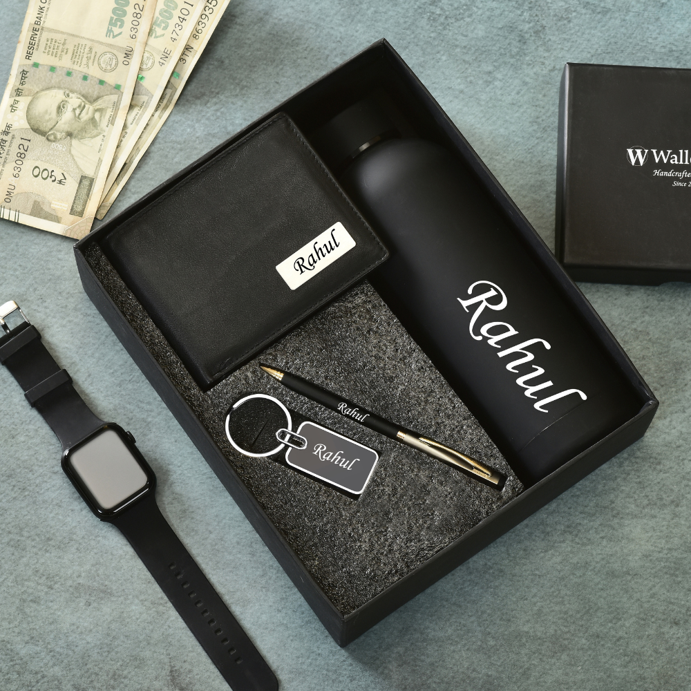 Personalized Genuine Leather Name Men's Wallet Metal Keychain Pen and H2GO Bottle |  Customised (4 in 1) Gift Combo for Boyfriend Friend Husband Father & Son (STYLE ID #21)