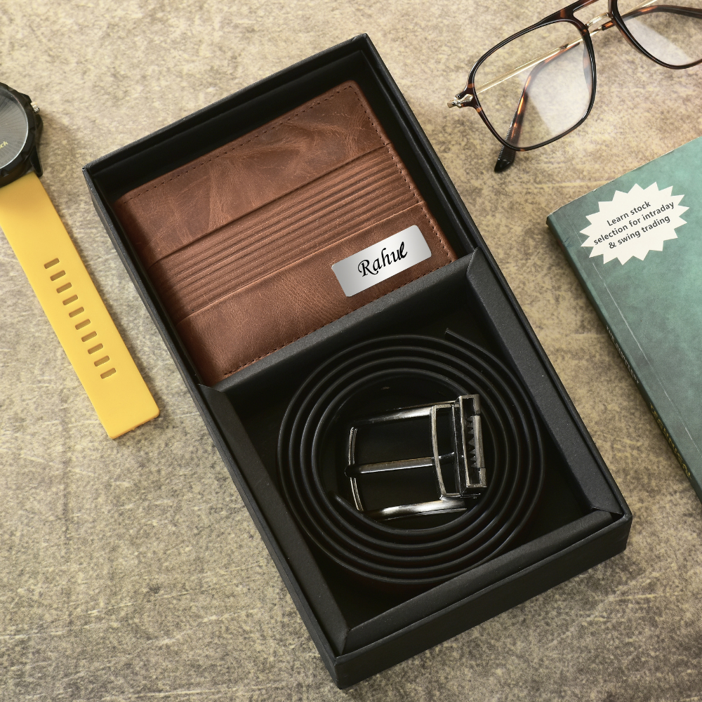 Personalized Genuine Leather Name Engraved Men's Wallet And Belt (2-IN-1 Gift Combo) for Boyfriend Friend on Marriage & Anniversary (STYLE ID #15)