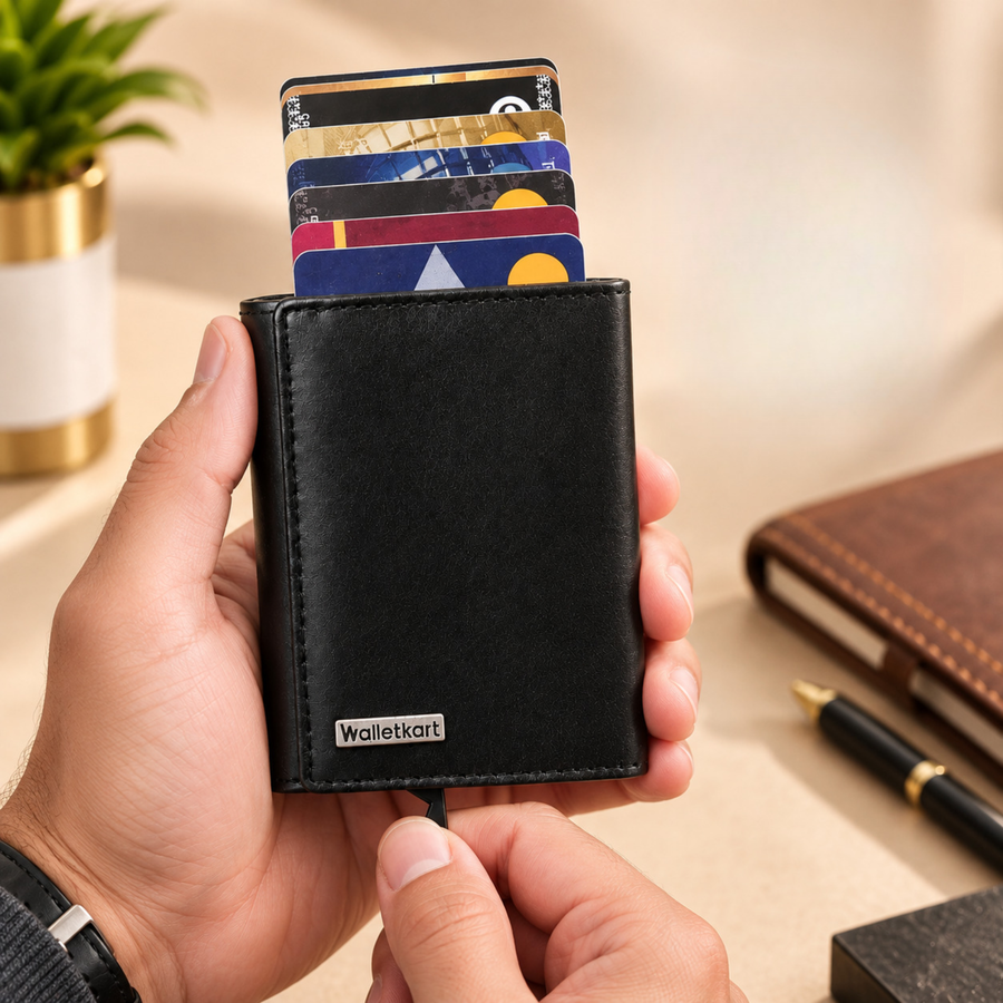 ELVOR Men's RFID Tri-Fold Wallet, Oil Crunch Leather, 9 Card Slots, Pop-Up Holder(Style ID #48)
