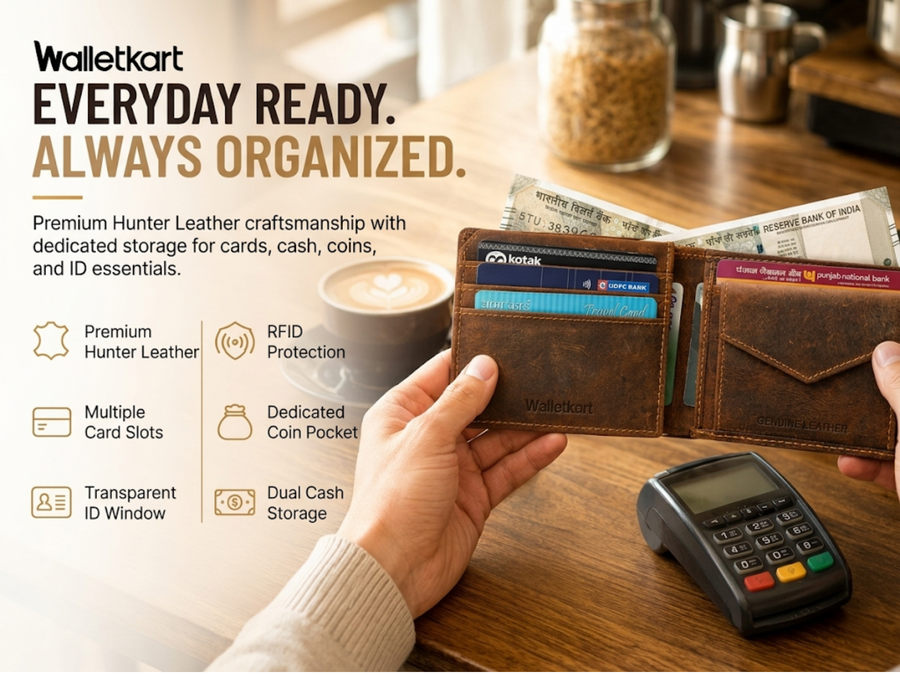 Hunter Genuine Leather RFID Protected Bifold Wallet for Men | 8 Card Slots, Flip ID Window & Coin Pocket (STYLE ID #24)