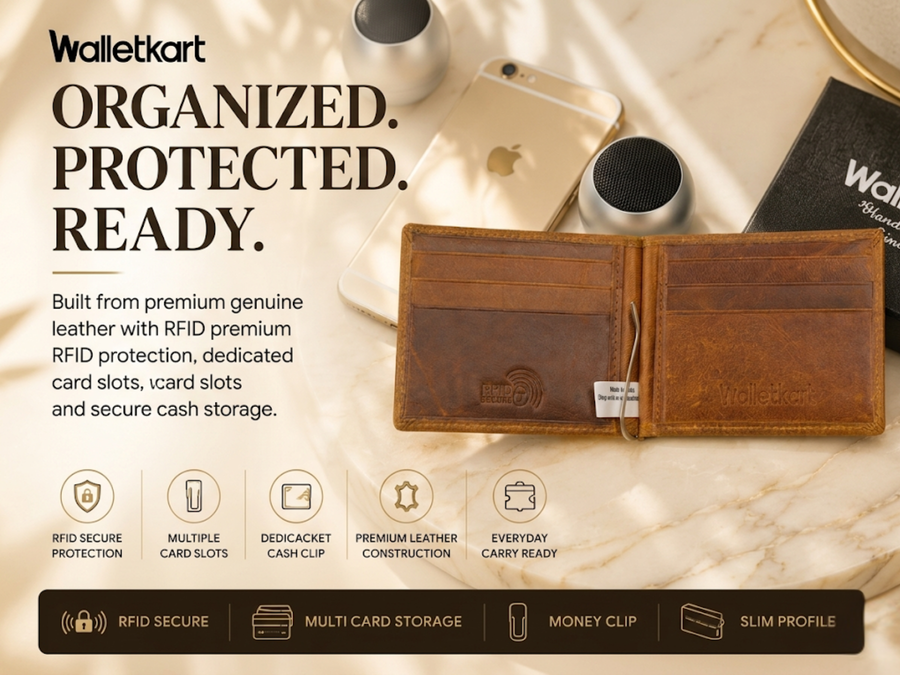 Genuine Leather RFID Money Clip Bi-Fold Wallet for Men – 8 Card Slots, Metal Cash Clip, Ultra-Thin Wallet (STYLE ID #36)