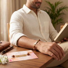 Load image into Gallery viewer, Personalized Leather Name Wallet for Men with Rudraksh Rakhi – A Thoughtful Gift for Brothers
