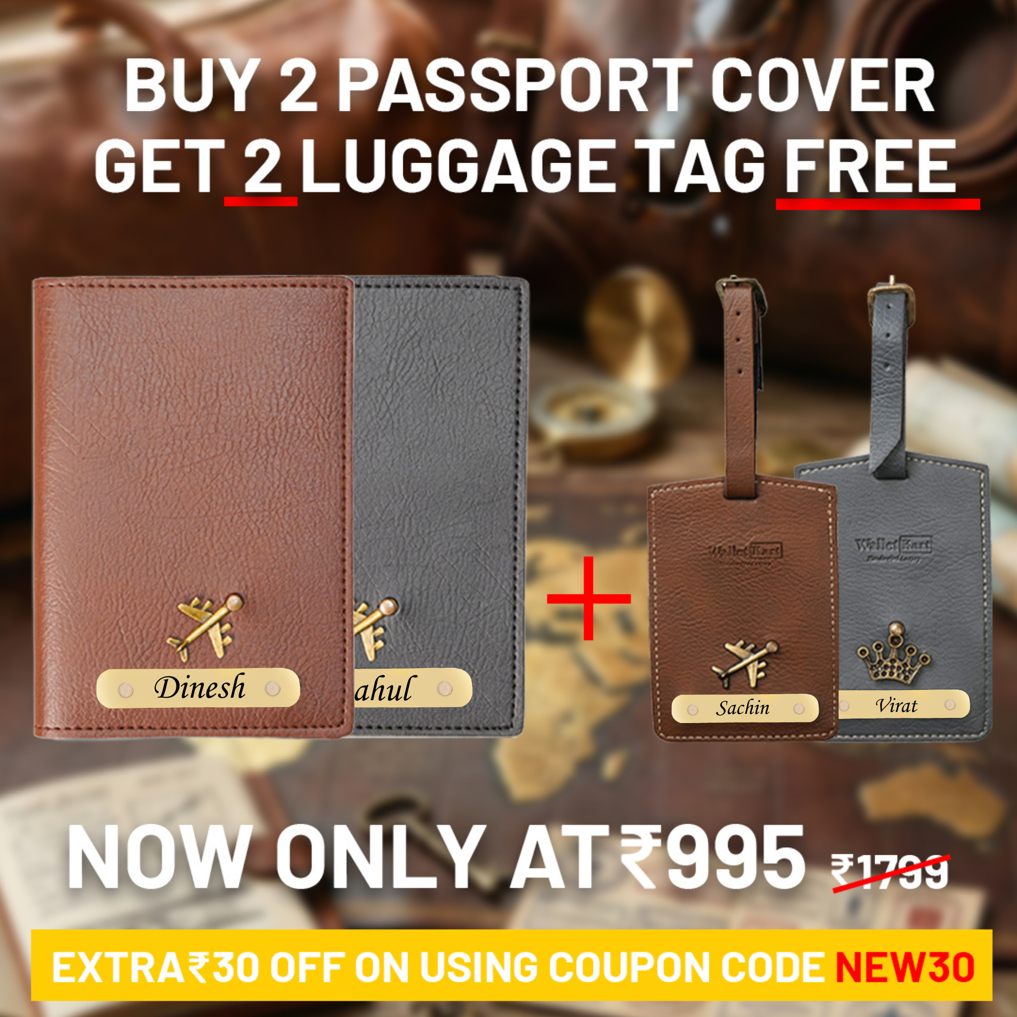 Personalized  Passport Cover Combo & Get 2 FREE Luggage Tag (Pack Of 4)