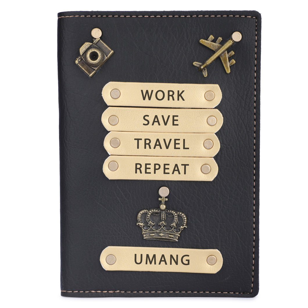 Personalized Leather Name Passport Cover with Charm for Men (WORK SAVE TRAVEL REPEAT)