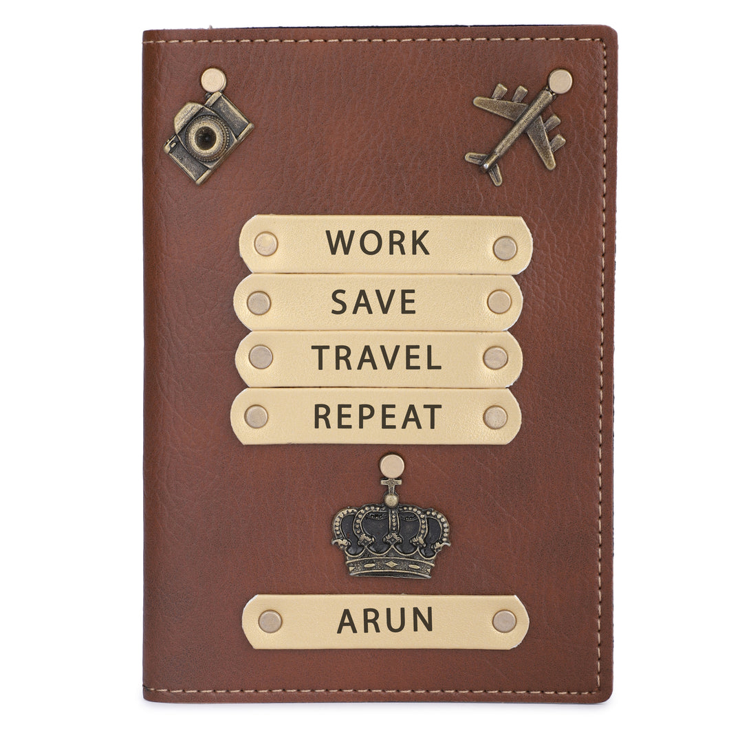 Personalized Leather Name Passport Cover with Charm For Men (WORK SAVE TRAVEL REPEAT) For Men Tan Color