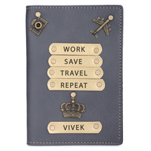 Load image into Gallery viewer, Personalized Leather Name Passport Cover with Charm For Men (WORK SAVE TRAVEL REPEAT) For Men Grey Color
