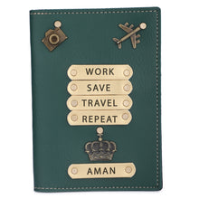 Load image into Gallery viewer, Personalized Leather Name Passport Cover with Charm for Men (WORK SAVE TRAVEL REPEAT)
