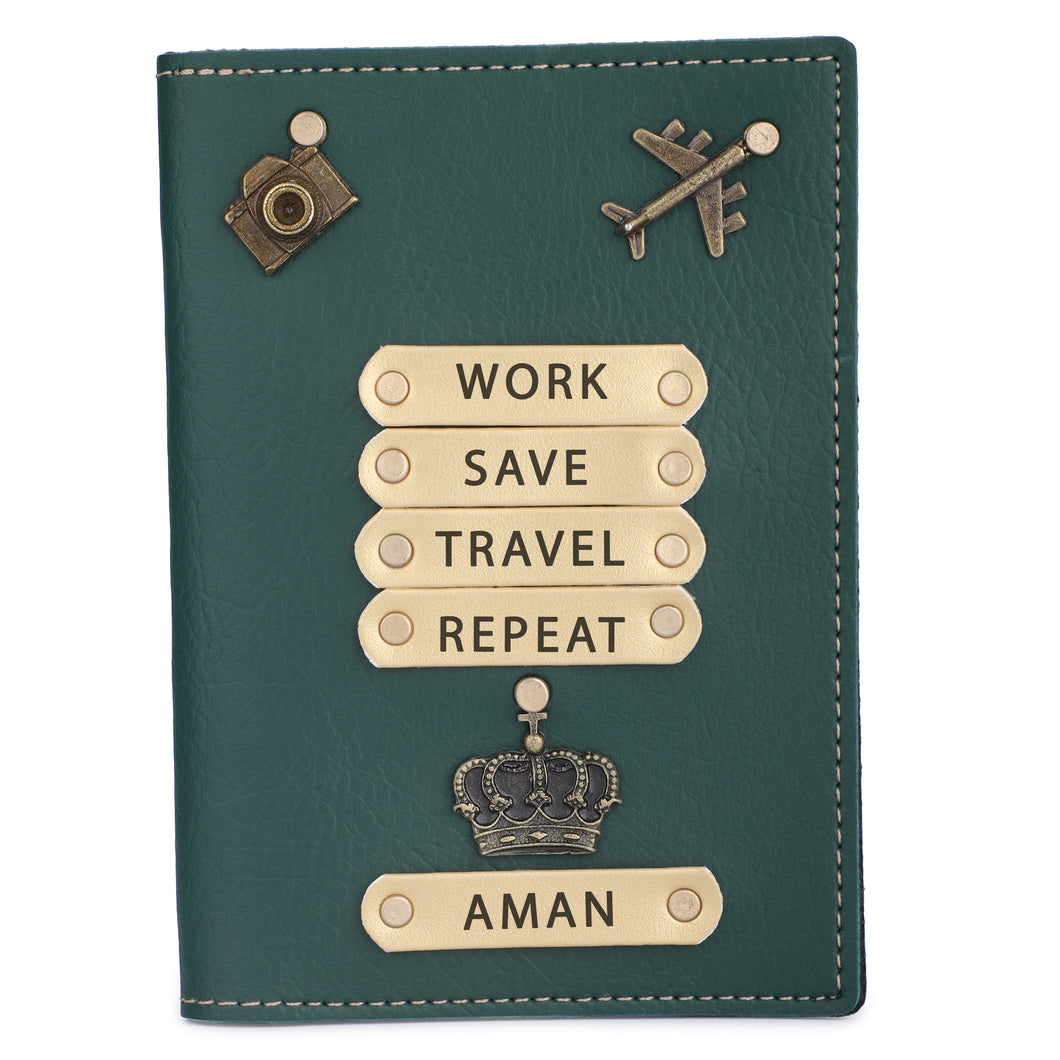 Personalized Leather Name Passport Cover with Charm For Men (WORK SAVE TRAVEL REPEAT) For Men Green Color