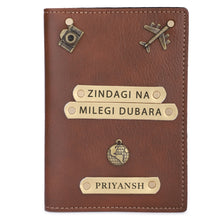 Load image into Gallery viewer, Personalized Leather Name Passport Cover with Charm (ZINDAGI NA MILEGI DOBARA)
