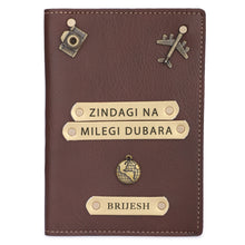 Load image into Gallery viewer, Personalized Leather Name Passport Cover with Charm (ZINDAGI NA MILEGI DOBARA)
