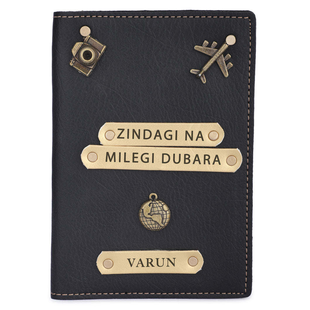 Personalized Leather Name Passport Cover with Charm (ZINDAGI NA MILEGI DOBARA)