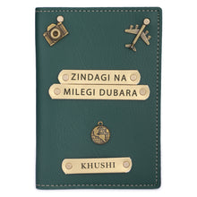 Load image into Gallery viewer, Personalized Leather Name Passport Cover with Charm (ZINDAGI NA MILEGI DOBARA)
