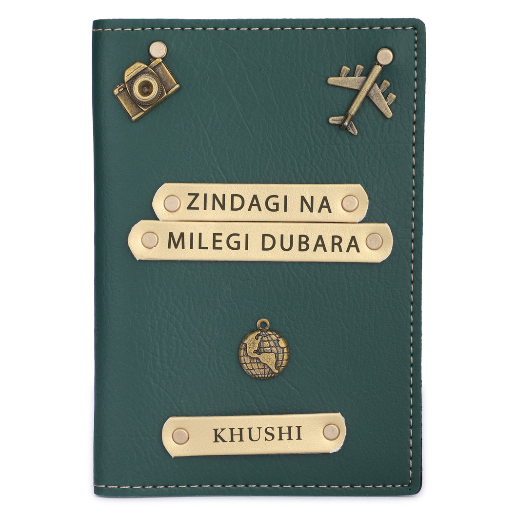 Personalized Leather Name Passport Cover with Charm (ZINDAGI NA MILEGI DOBARA) Green Color