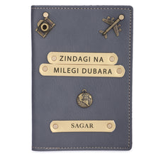 Load image into Gallery viewer, Personalized Leather Name Passport Cover with Charm (ZINDAGI NA MILEGI DOBARA)
