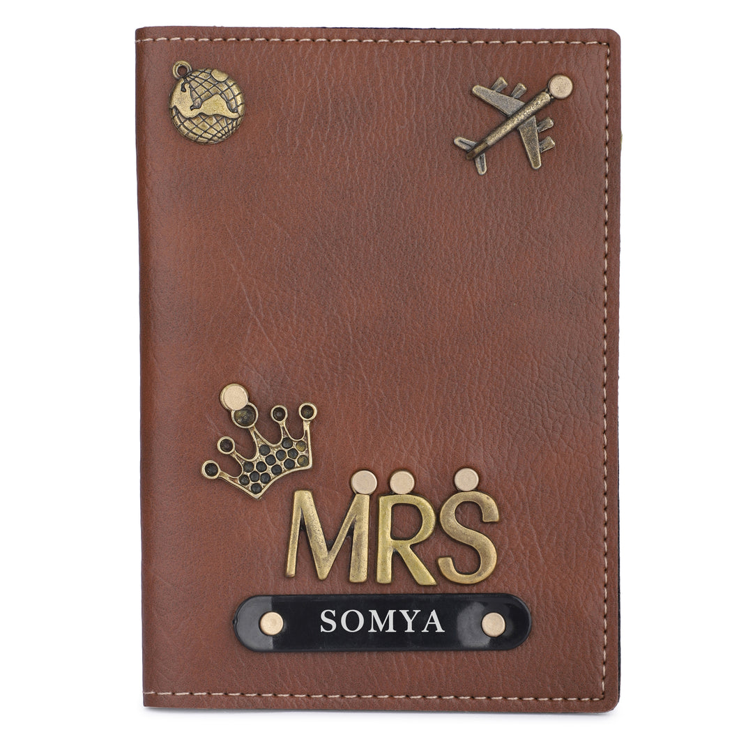 Personalized Leather Name MRS. Passport Cover with Charm For Women Tan Color
