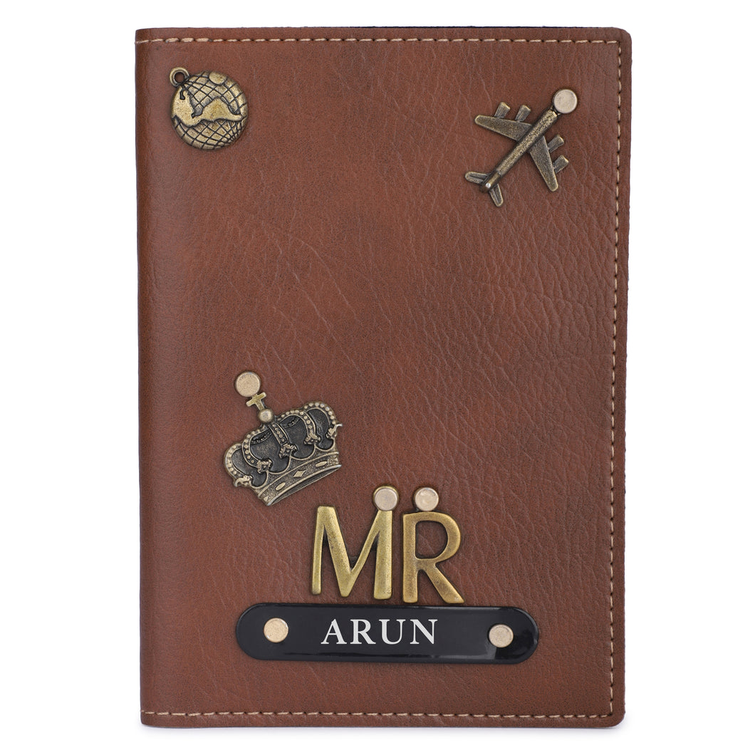 Personalized Leather Name MR. Passport Cover with Charm Tan Color
