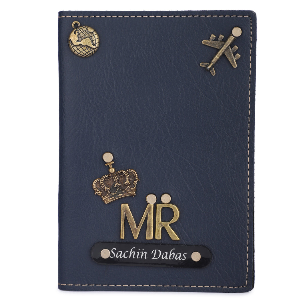 Personalized Leather Name MR. Passport Cover with Charm Blue Color