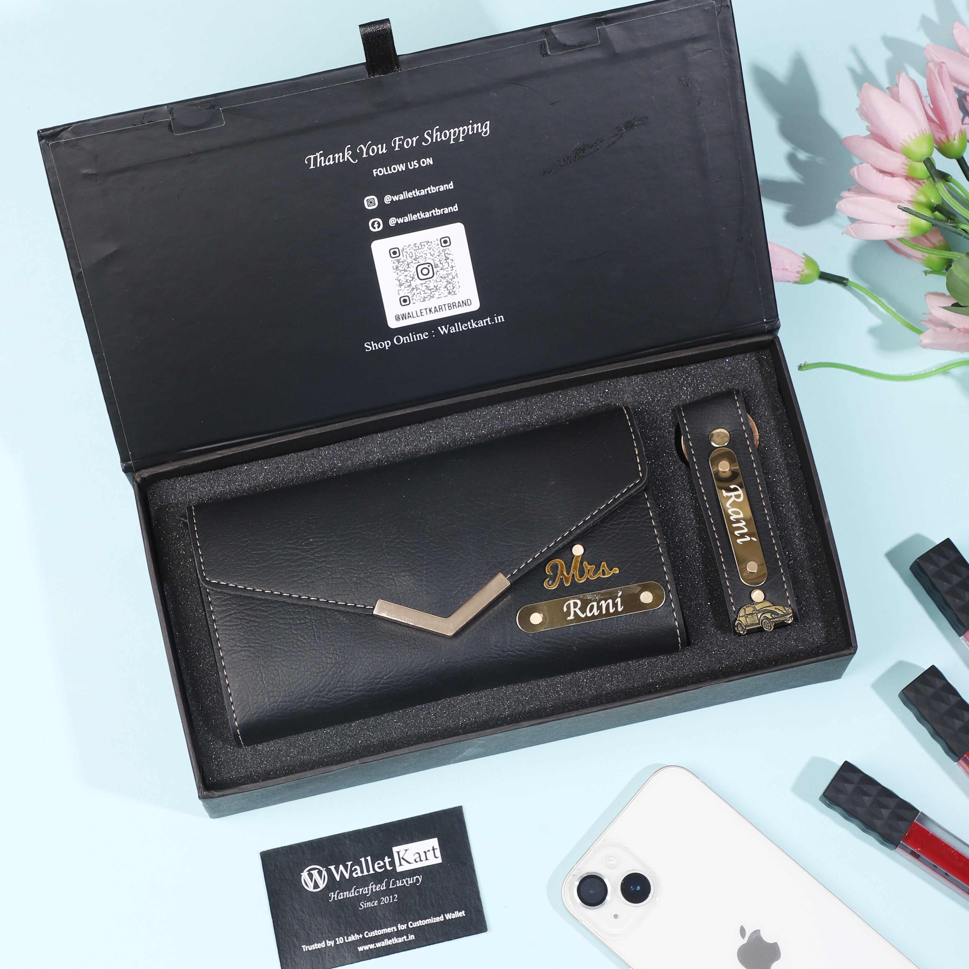 Personalized Leather Women’s Clutch with Name & Charm | Matching Keychain Gift Set | Premium Customized Gift for Her