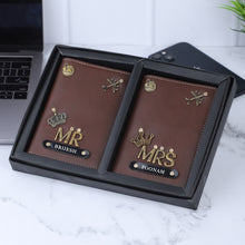 Load image into Gallery viewer, Personalized Leather Name Passport Cover Couple Combo with MR and MRS charm
