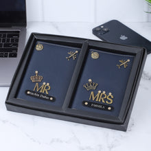 Load image into Gallery viewer, Personalized Leather Name Passport Cover Couple Combo with MR and MRS charm
