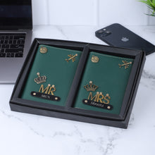 Load image into Gallery viewer, Personalized Leather Name Passport Cover Couple Combo with MR and MRS charm
