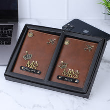 Load image into Gallery viewer, Personalized Leather Name Passport Cover Couple Combo with MR and MRS charm
