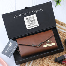 Load image into Gallery viewer, Personalized Ladies Leather Clutch with Name &amp; Charm
