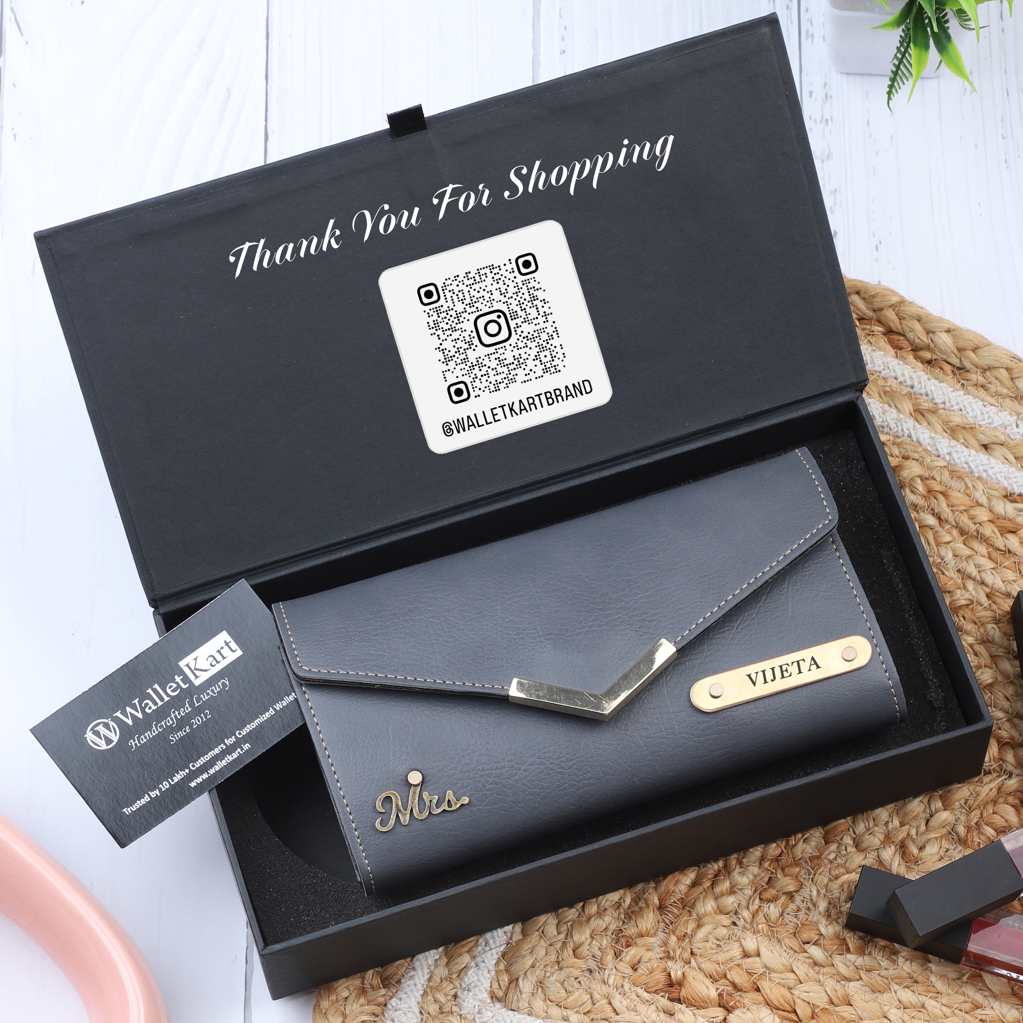 Personalized Women’s Clutch with Name Engraved on Plate & Charm | Customized Leather Clutch Gift Set for Her