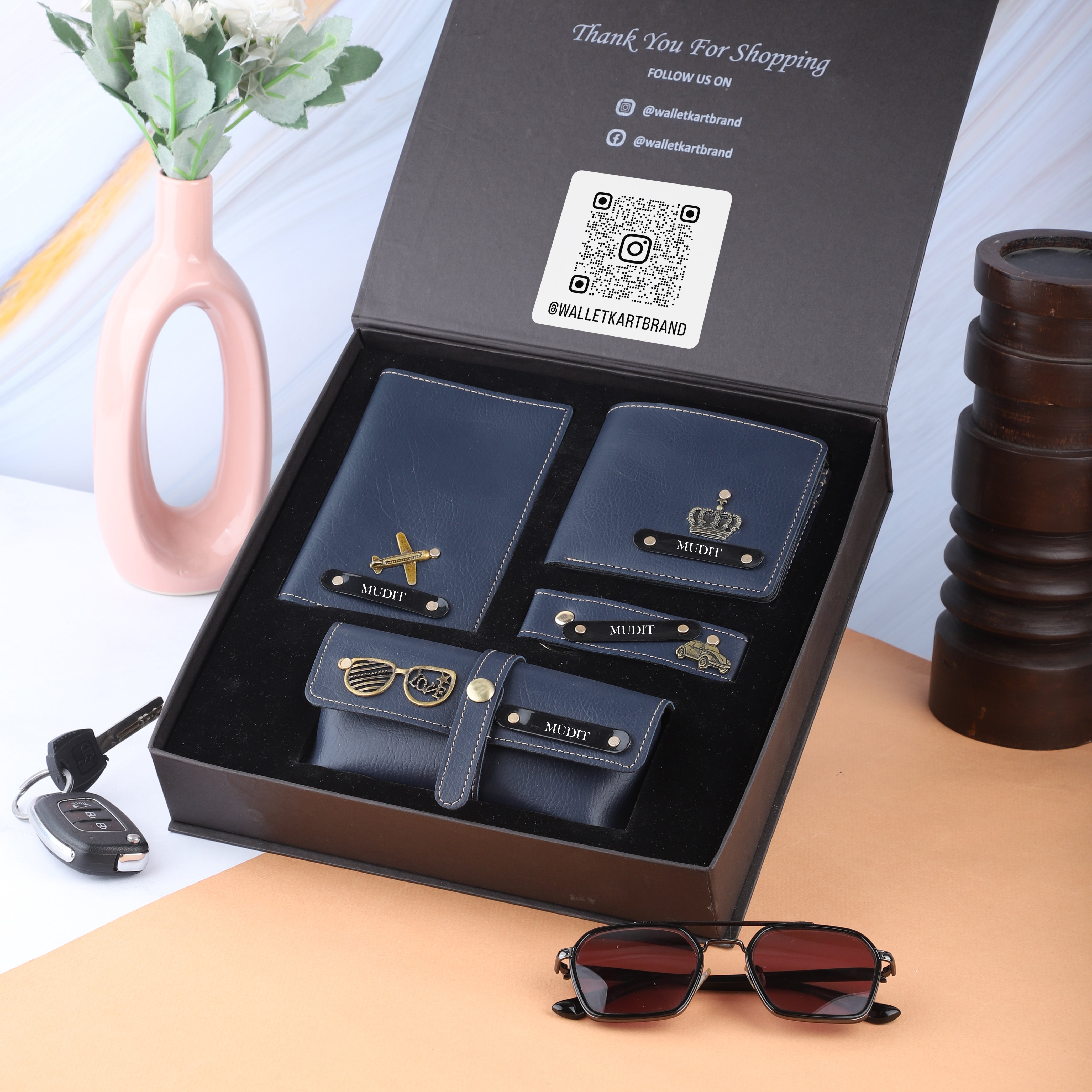 Personalised Leather's Gift Combo for Men – Wallet, Eyewear, Passport & Keychain