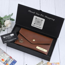 Load image into Gallery viewer, Personalized Ladies Leather Slim Clutch with Name &amp; Charm
