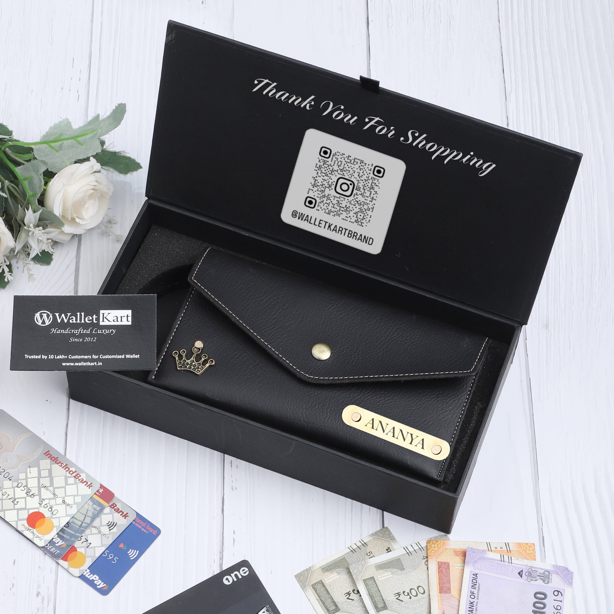 Personalized Ladies Leather Slim Clutch with Name & Charm Women
