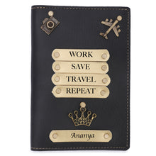 Load image into Gallery viewer, Personalized Leather Name Passport Cover with Charm For Women (WORK SAVE TRAVEL REPEAT) Black Color
