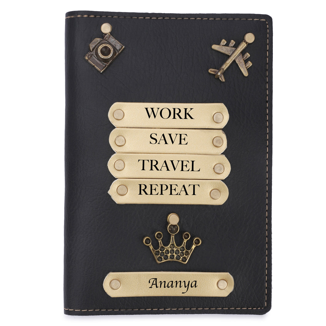 Personalized Leather Name Passport Cover with Charm For Women (WORK SAVE TRAVEL REPEAT) Black Color