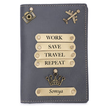 Load image into Gallery viewer, Personalized Leather Name Passport Cover with Charm For Women (WORK SAVE TRAVEL REPEAT) Grey Color
