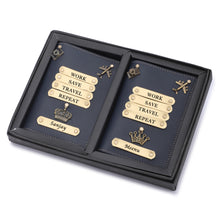 Load image into Gallery viewer, Personalized Leather Couple Passport Cover with Name and Charm (WORK SAVE TRAVEL REPEAT)
