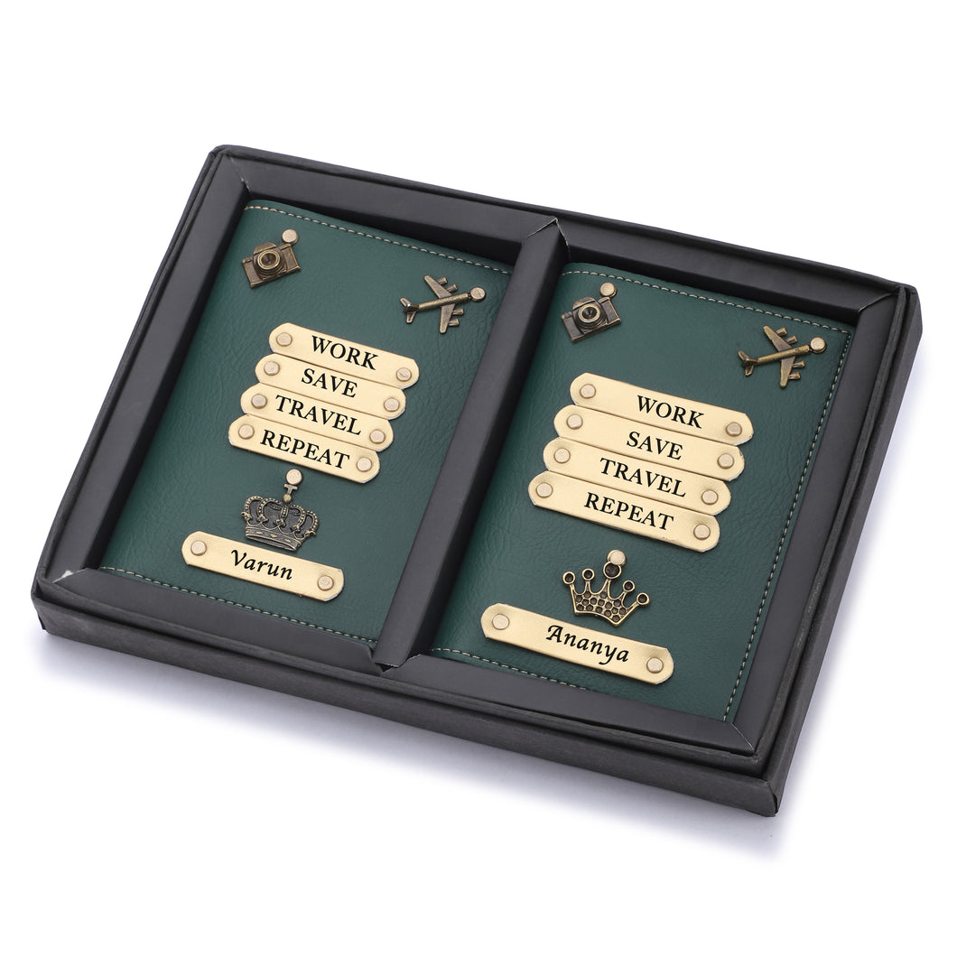 Personalized Leather Couple Passport Cover with Name and Charm (WORK SAVE TRAVEL REPEAT)