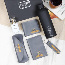 Load image into Gallery viewer, Personalized Leather Name Men&#39;s Wallet Keychain Passport Cover Eyewear H2GO Bottle and Perfume | Customised  Gift (6 in 1 ) Combo for Boyfriend Friend Husband Father &amp; Son
