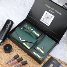 Load image into Gallery viewer, Personalized 5-in-1 Leather Gift Set for Women | Clutch, Keychain, Passport Cover, Eyewear Case &amp; Temperature Bottle
