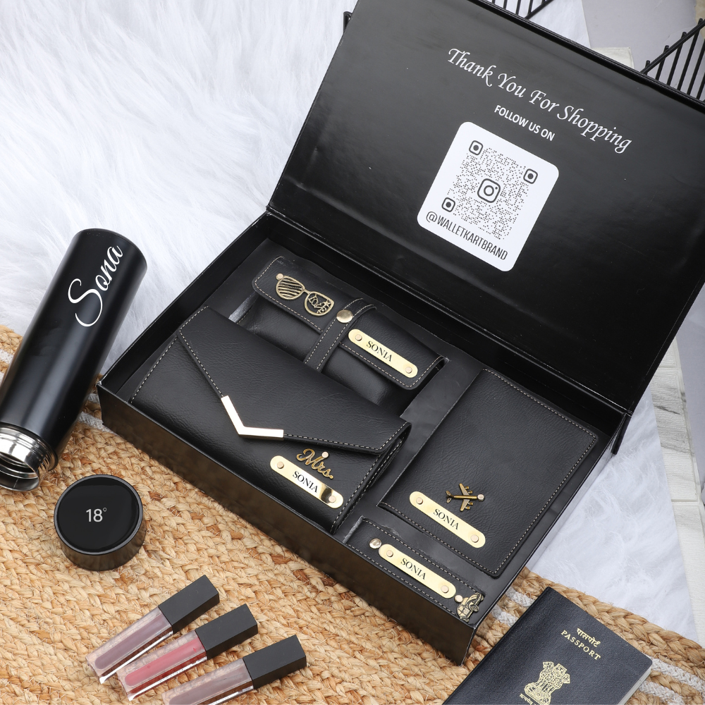 Personalized 5-in-1 Leather Gift Set for Women | Clutch, Keychain, Passport Cover, Eyewear Case & Temperature Bottle