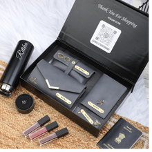 Load image into Gallery viewer, Personalized 5-in-1 Leather Gift Set for Women | Clutch, Keychain, Passport Cover, Eyewear Case &amp; Temperature Bottle
